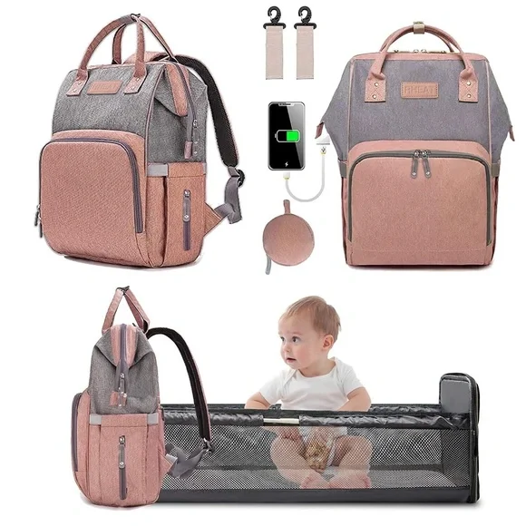 3 in 1 Maternity Backpack with USB Charge Port, Portable Baby Bed, Diaper Bag GPED Diaper Bag Backpack, Grey, Multifunction with Changing  main image 3